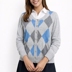 Sonoma 100% Cotton Gray & Blue Argyle Cardigan Sweater Long Sleeve XL